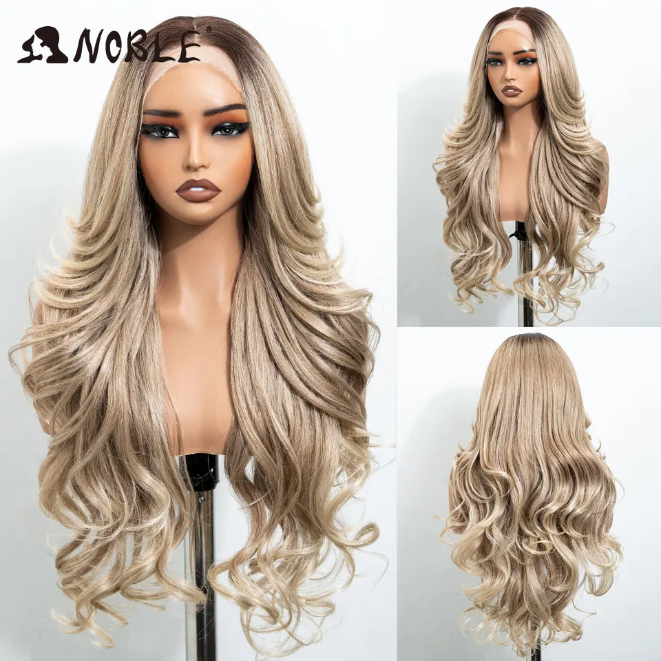 Noble Synthetic Lace Front Wigs For Women 28 Inch Curly Ash Blonde Highlight 13x4 Body Wave Silk Base Lace Wig Cosplay Daily Wig