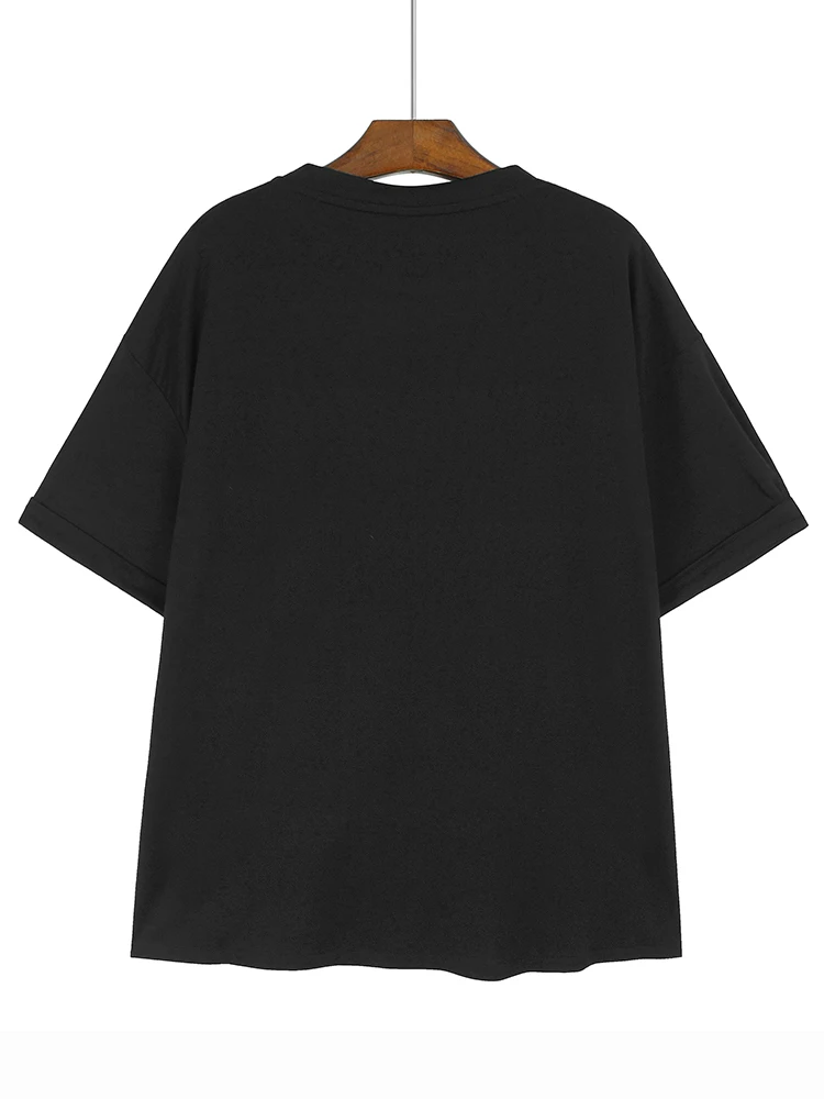 Women Black Irregular Pleated Big Size Casual T-shirt New Round Neck Shhort Sleeve Fashion Spring Summer