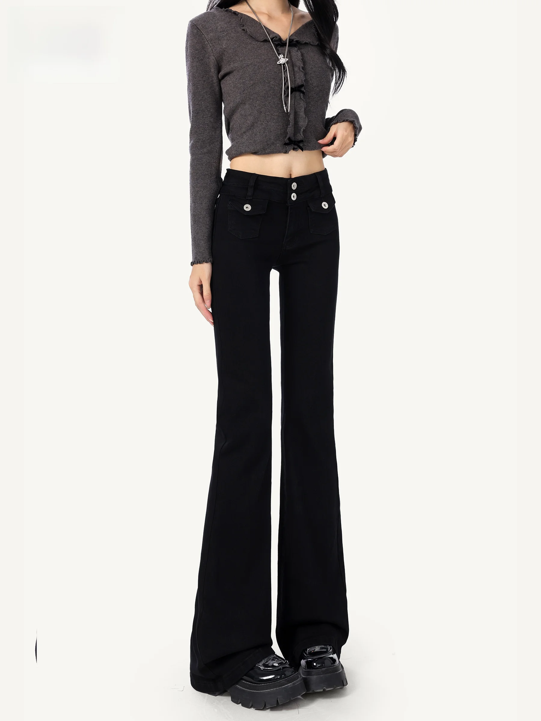 

Low Waist Stretchy Slimming Loose Flared Jeans Women's Autumn New Style Casual Button Pocket Design Denim Pants