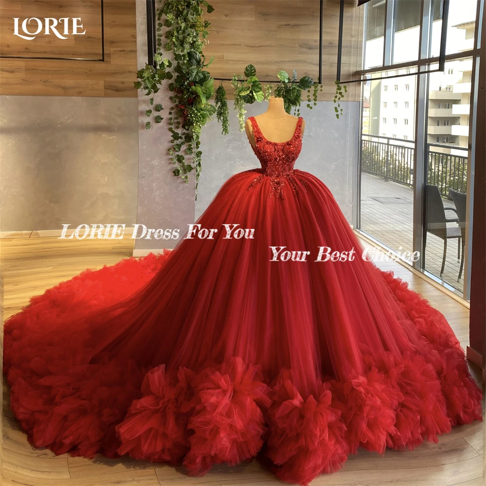 LORIE Burgundy Tulle Formal Prom Dresses Square Collar Glitter Ball Evening Dress Tiered Ruffle Customized Princess Party Gown