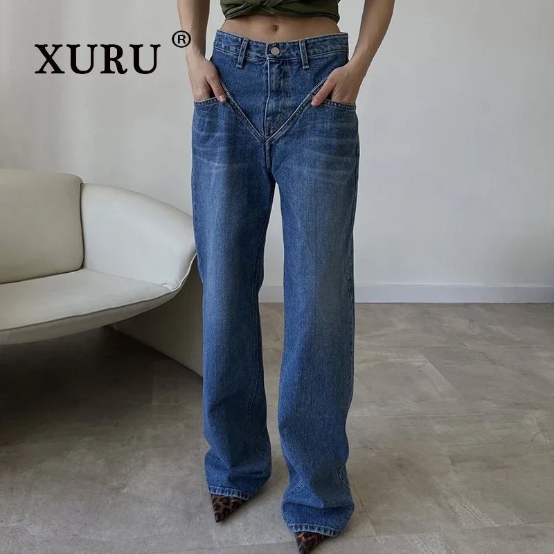 

XURU-Loose Skinny Jeans for Women, Blue, Dark Gray, Long, European and American, New Patchwork, K1-109552