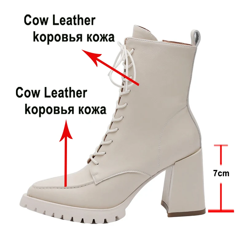 Meotina Women Genuine Leather Ankle Boots Pointed Toe Thick High Heel Zipper Lace-up Lady Short Boot Autumn Winter Shoes Beige