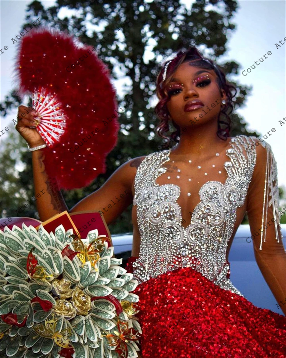 Hot Red Sequin Sliver Tassel Crystal Beading Christmas Day Mermaid Prom Dresses Birthday Dress Black Girl Cocktail Customized