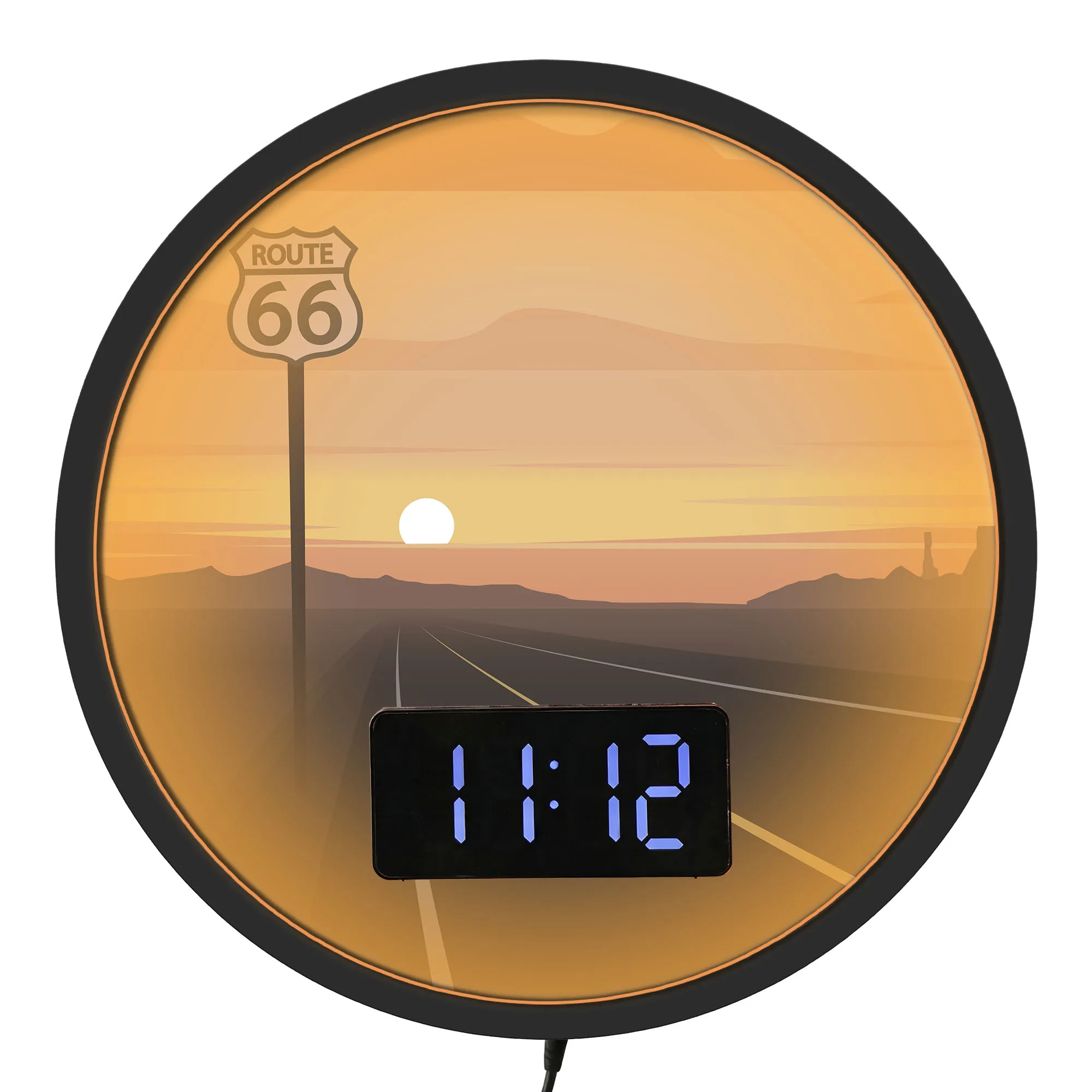 Route 66 Road Trip Sunset LED Digital Wall Clock for Man Cave Garage Multi function Digital Clock with Temperature Calendar Date