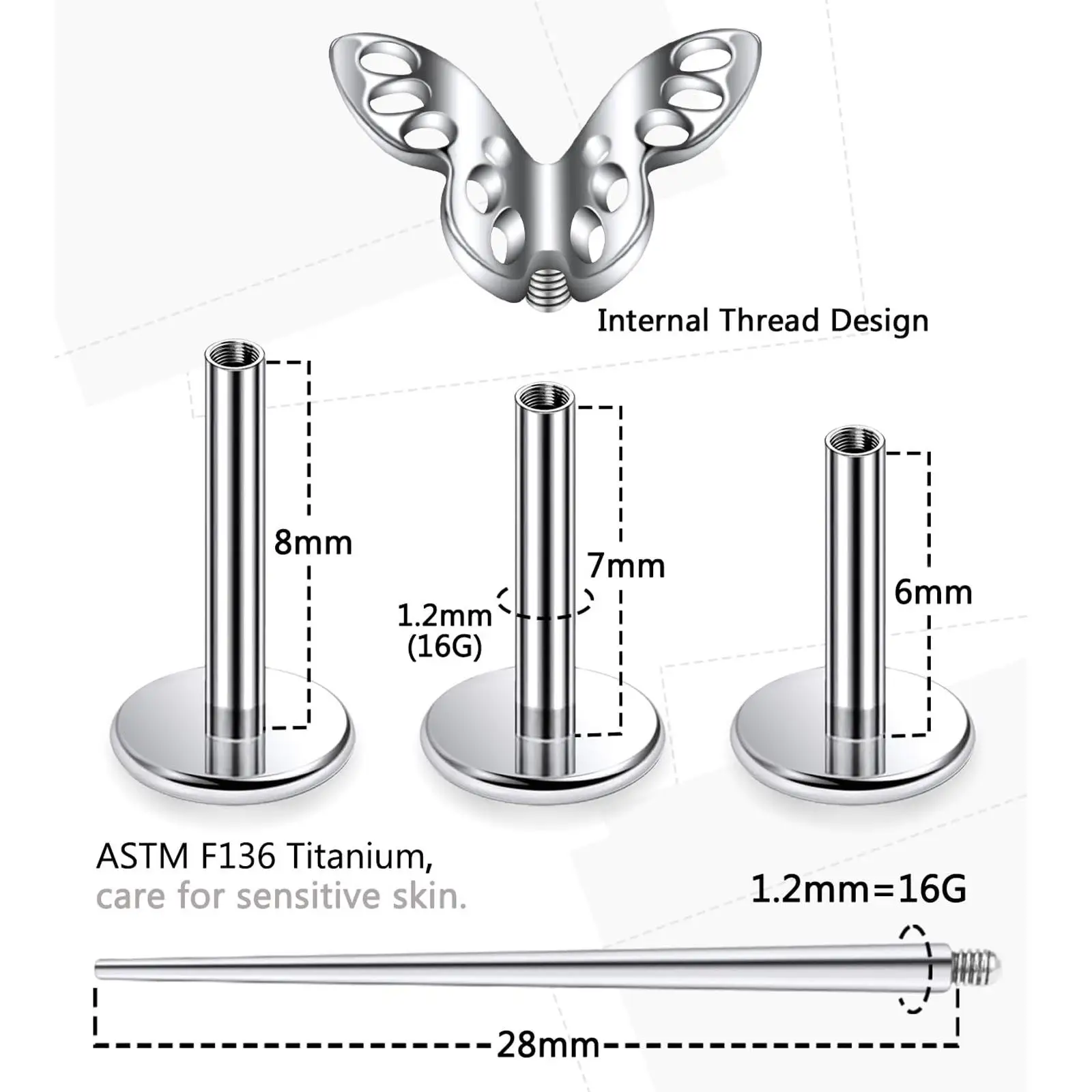 16 جرام Astm F136 التيتانيوم داخليا الخيوط شقة الظهر أقراط الزنمة اللولب محارة ثقب المجوهرات الأنف الشفاه خواتم إلى الأمام اللولب