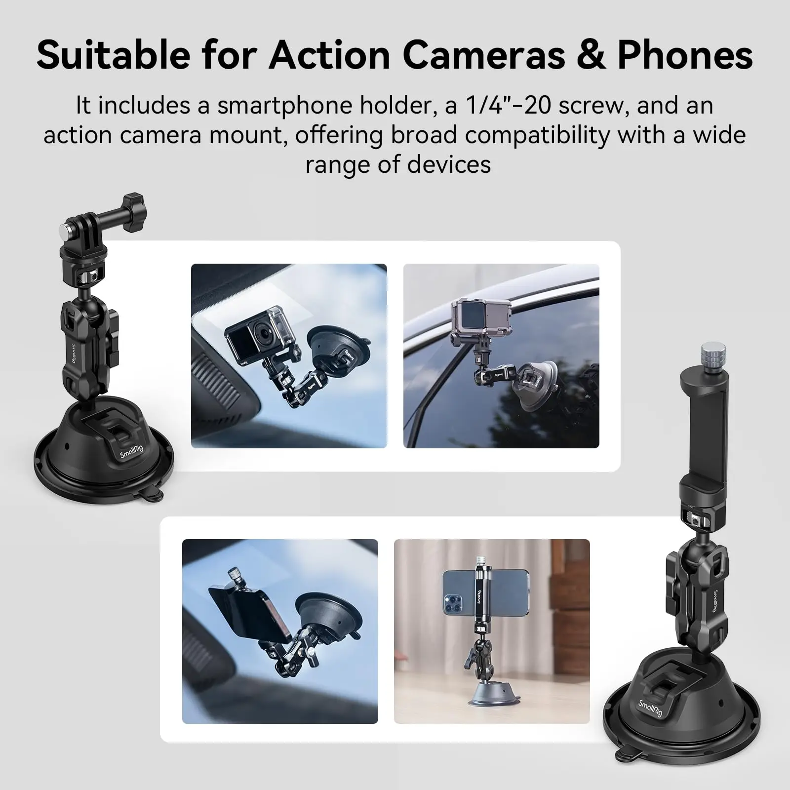 SmallRig Double-Layer Suction Cup Mount for Smartphone/Action Camera, Car Mount with Phone Holder for iPhone for GoPro for DJI