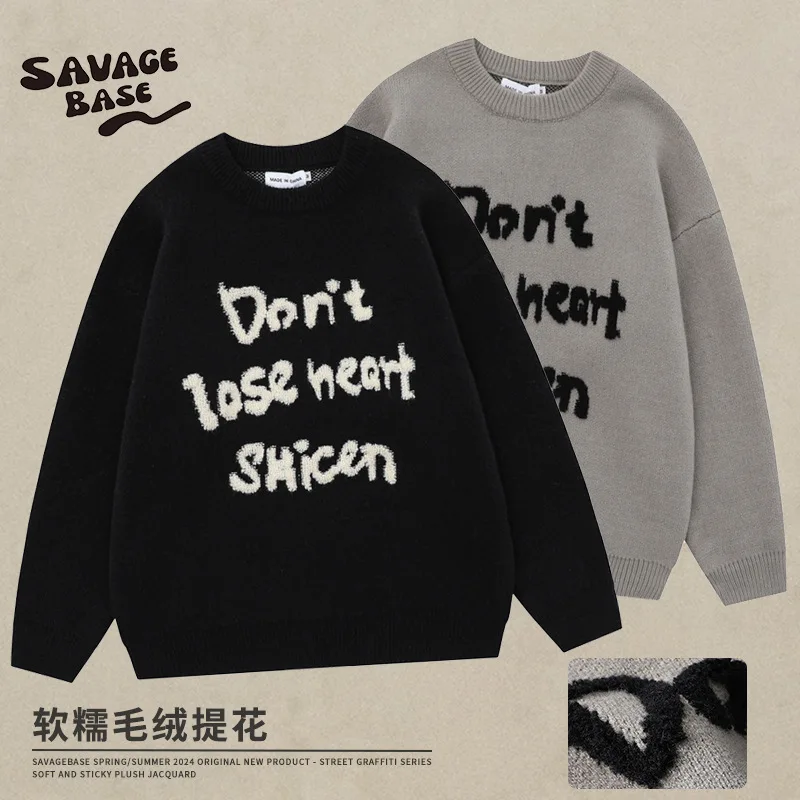 

Autumn and Winter American Trend Brand Letter Jacquard Sweater Long Sleeve Versatile Loose Couple Lazy Wind Knitted Sweater