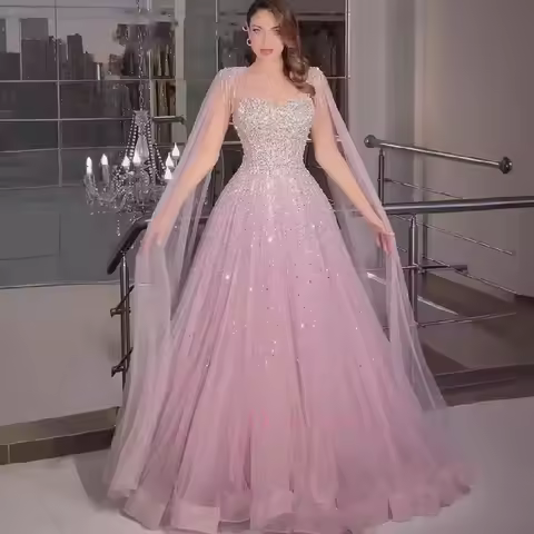 Customized Evening Dresses Luxury Pink Tulle Beaded A-Line Evening Dress with Cape Sleeves for Women Prom 2025