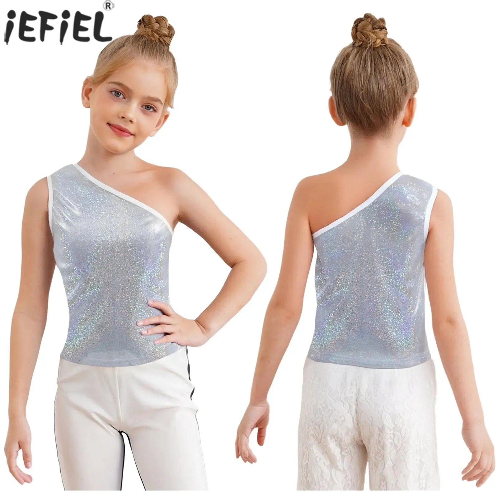 Kids Girls Metallic Jazz Hip Hop Dance Tank Top One Shoulder Shiny Mini Dots Vest Tops for School Show Cheerleading Performance