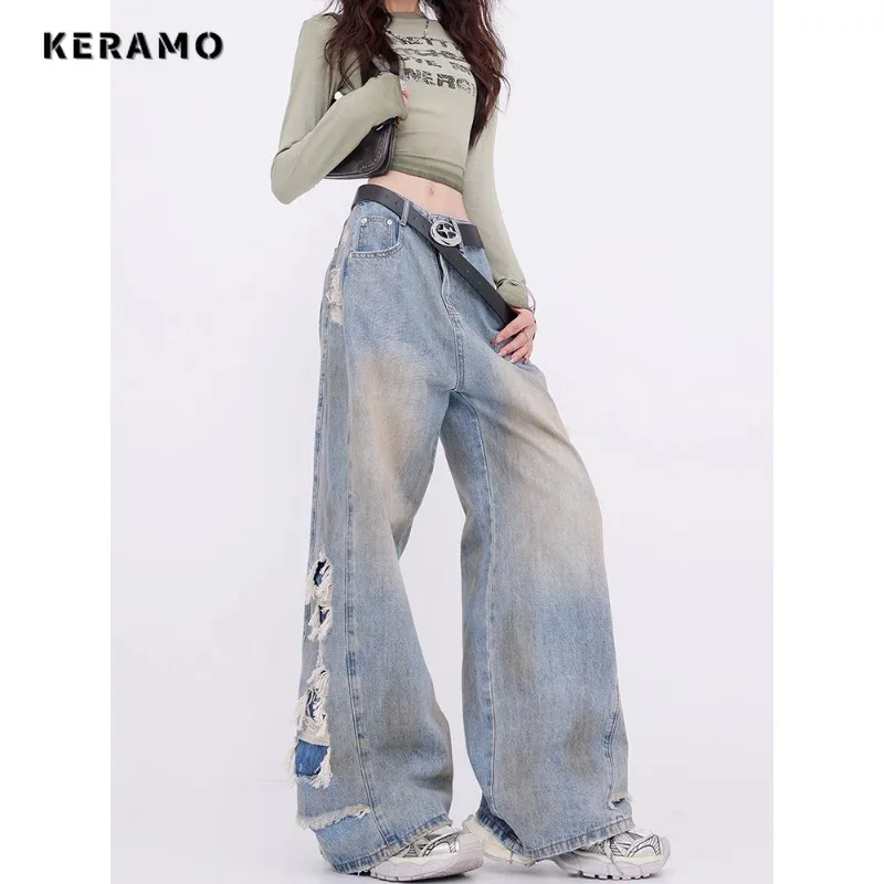 Vintage Ripped Harajuku Loose Fit Jeans Y2K Hollow Out Street Wide Leg Trashy Pants Women's Sexy Baggy Blue Denim Trouser