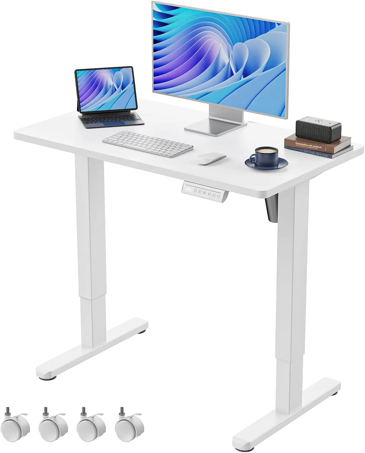 Electric Small Standing Desk, Whole Piece Desktop, Adjustable Height Computer Desk, 4 Height Memory Settings, Sit Stand Up Desk
