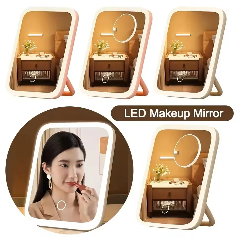 LED Makeup Mirror with 3-Color Light, 360° Rotatable & Touch Control, USB-Powered Vanity Mirror for Travel, Bedroom, Bathroom