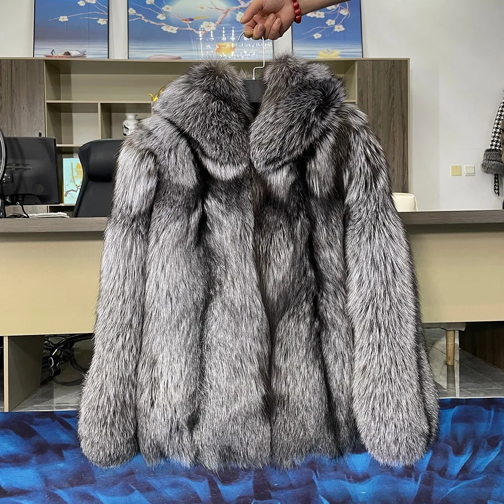 

Mid-length Real Silver Fox Fur Jacket with Hood Women Winter Fashion Natural Silver Fox Fur Coat Female Thick Warm Fur Overcoats