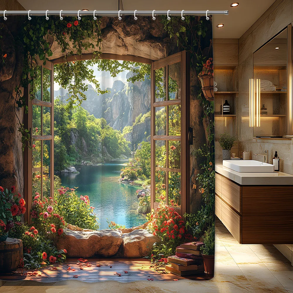 

[Занавеска для душа Serene Garden] Занавеска для душа Serene Garden Room - 1 шт. полиэстер, сцена с бирюзовым озером Sunlit и французскими дверцами