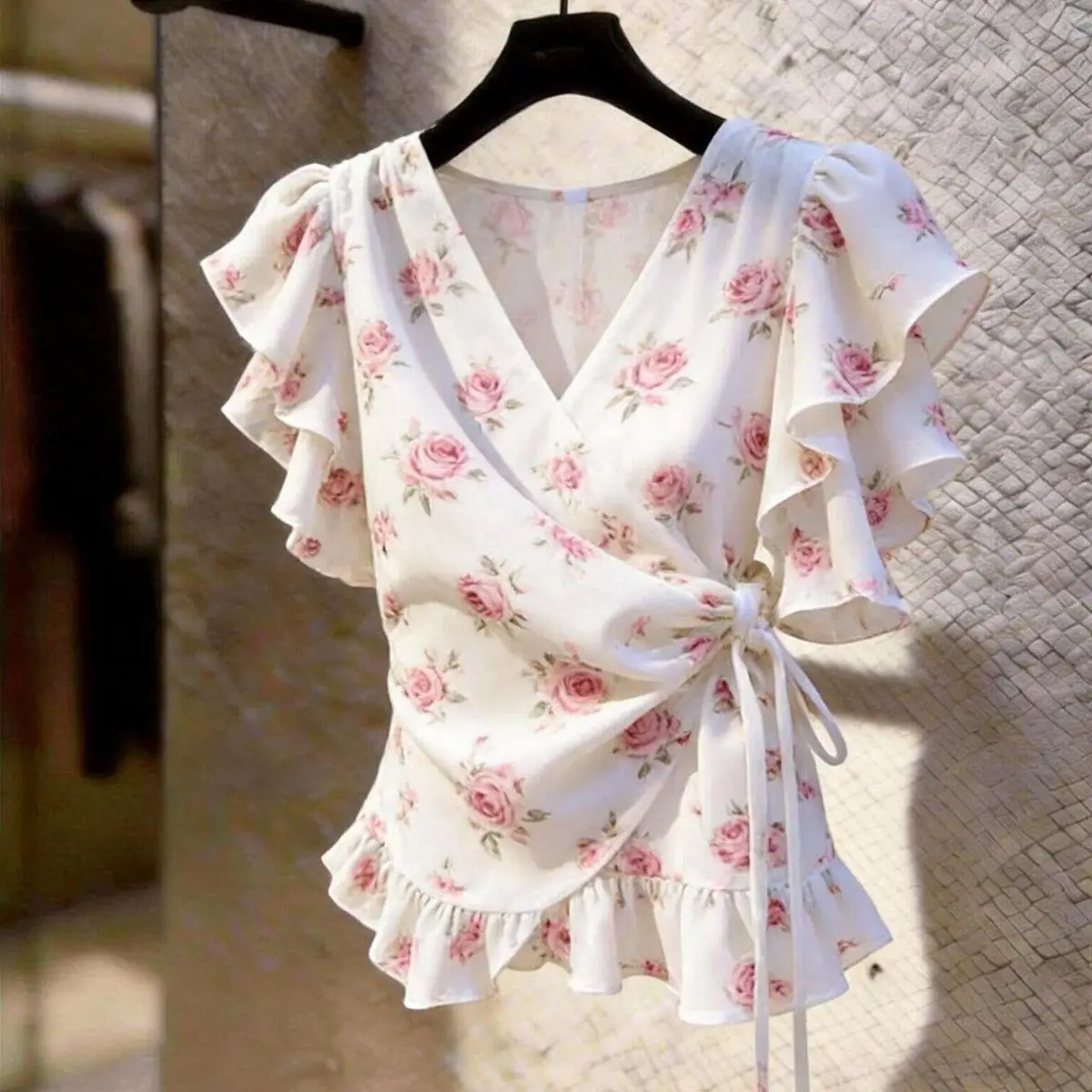 

Women V Neck Wrap Chiffon Blouse Pink Rose Floral Print Ruffle Flutter Side Tie Ruched Waist Frill Hem Elegant Romantic Blouse