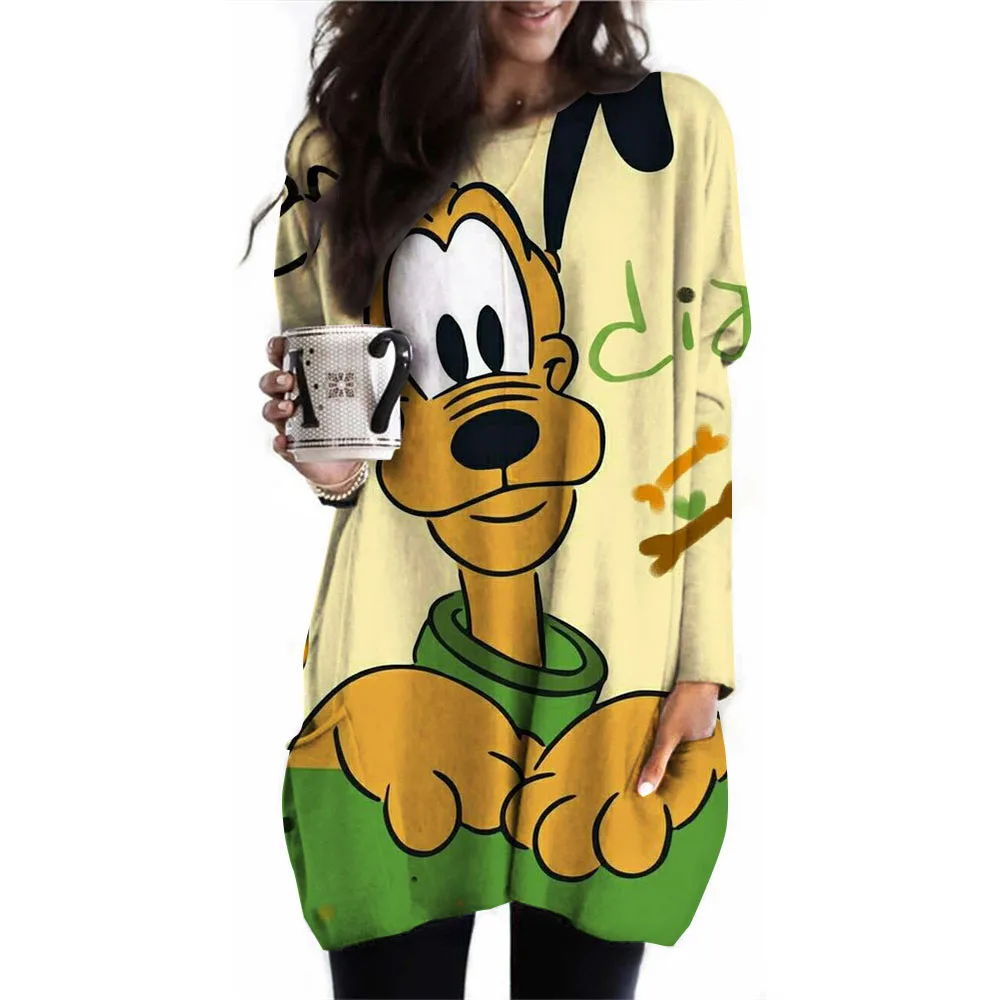 Women's long top Disney Goofy printed casual fashion pocket T-shirt long sleeved round neck waistband pullover casual loose top