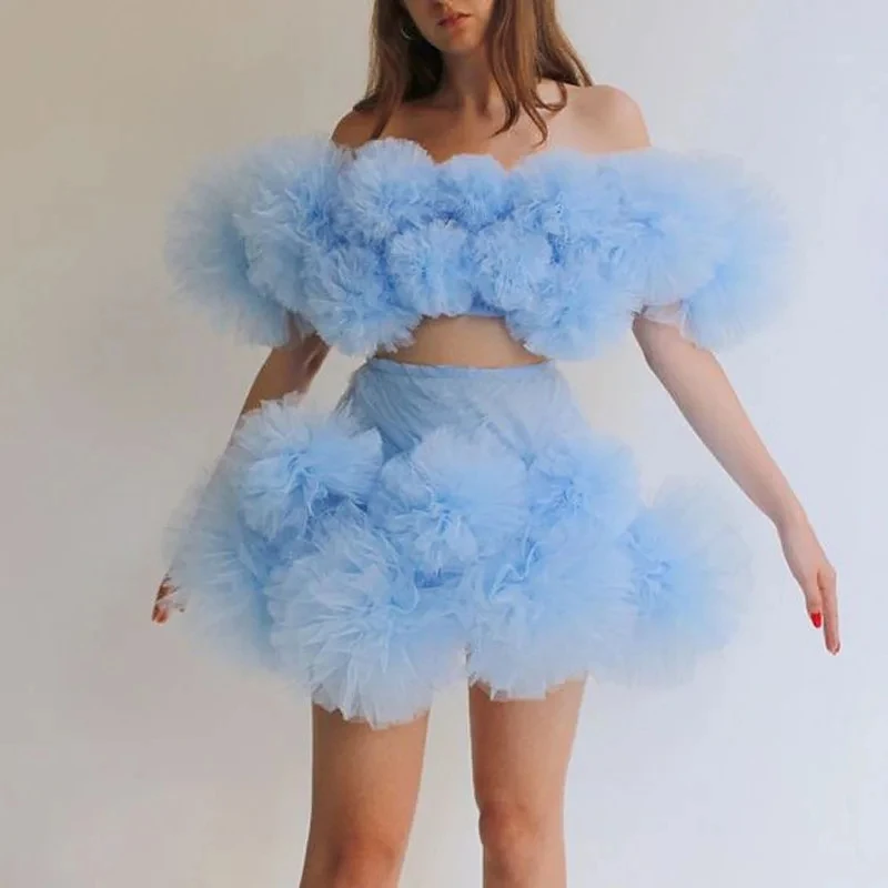 Fashion Tulle Top Sky Blue Extra Puffy Sleeveless Tulle Party Top Ruffles Pleated Newest Female Blouse