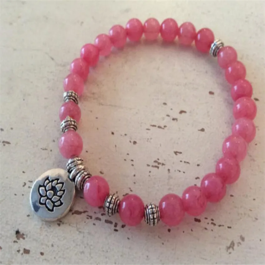 

8mm Pink Agate Gemstone Mala Bracelets lotus pendant Ethnic Cuff Artisan Teens Bohemian Trendy Unisex Prayer