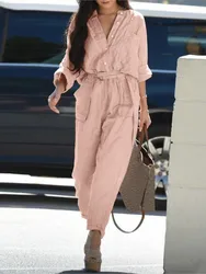 Women's Solid Casual Jumpsuit New Spring Autumn Elegant Long Sleeve High Waist Leace-up Vintage Ladies Jumpsuits Female Rompers