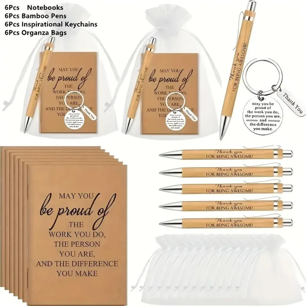 24 pièces/6 ensembles – Coffret cadeau stylo en bambou « Merci » – Porte-clés inspirant pour équipe – Carte de remerciement – Sac en organza – Cadeaux d'appréciation pour collègues