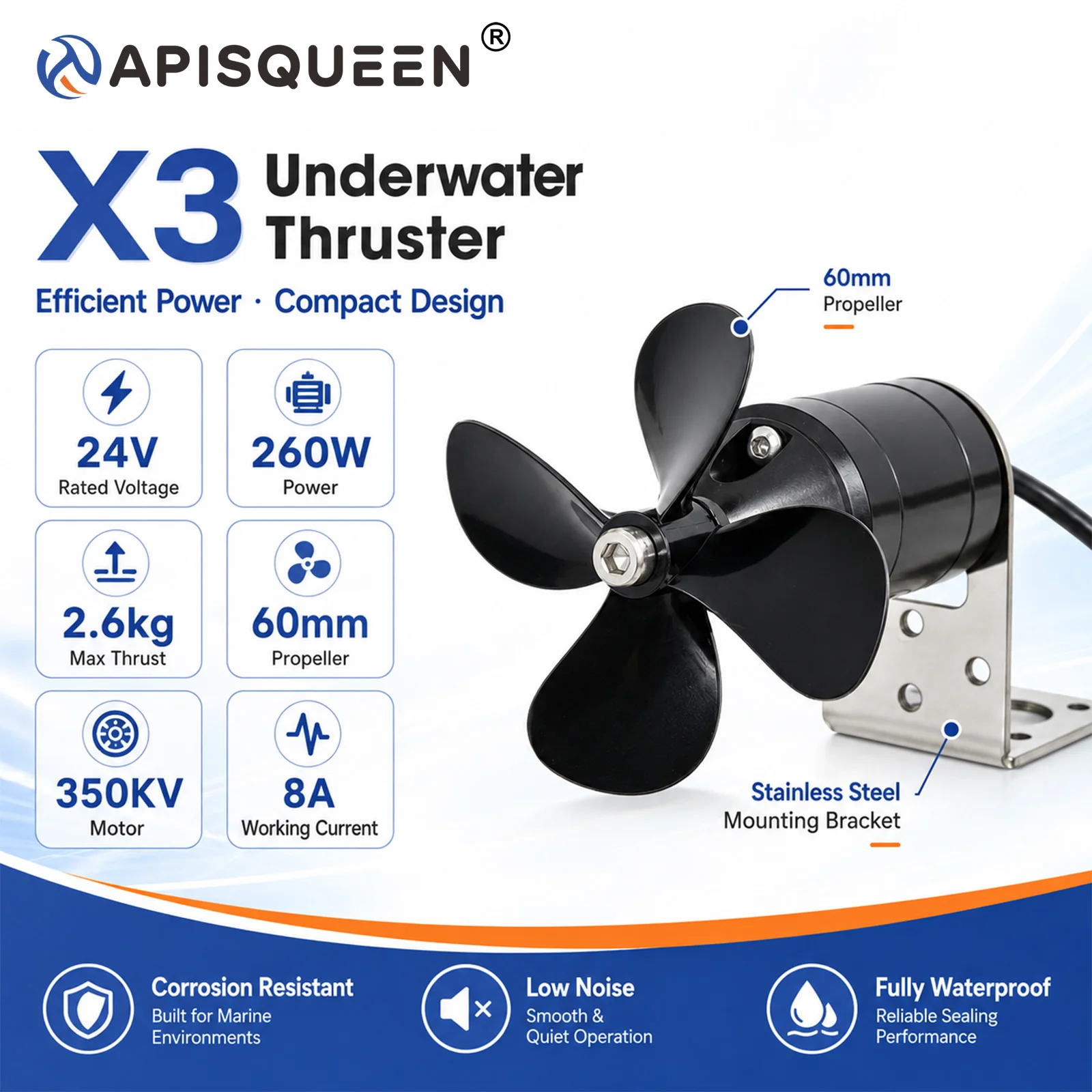 apisqueen-x3-24v-260w-26kg-underwater-thruster-kit-with-45a-bidirectional-esc-bec-a300-remote-for-rov-rc-boat