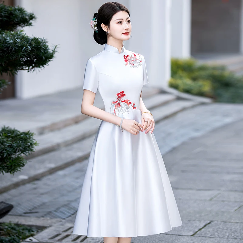 

White Evening Gown Chinese Sle Host ow Stage Chorus Award New Ethnic Song Walk ow Performance ort Sve