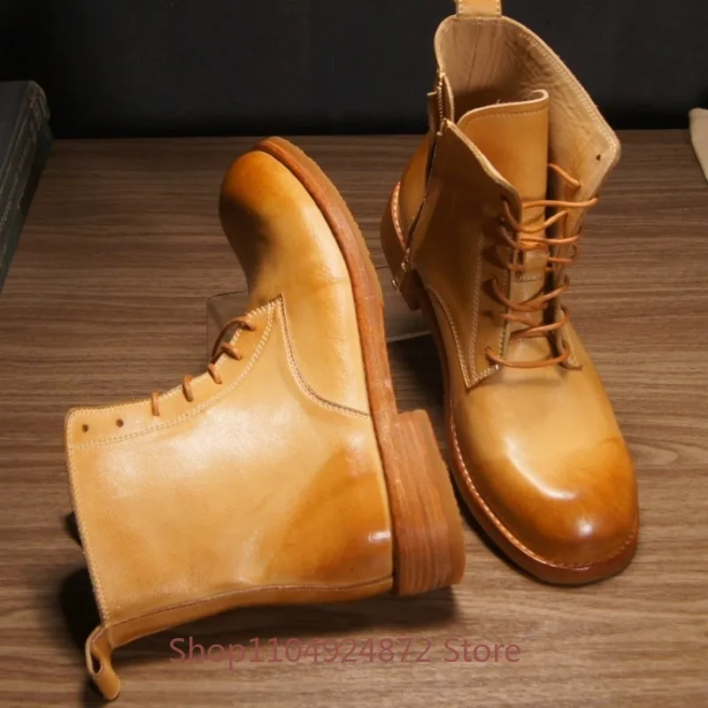 Handmade Retro High Top Lace Up Vegetable-Tanned Leather Boots Men's Washed Side Zipper Genuine Leather Ankle Boots Male Shoes