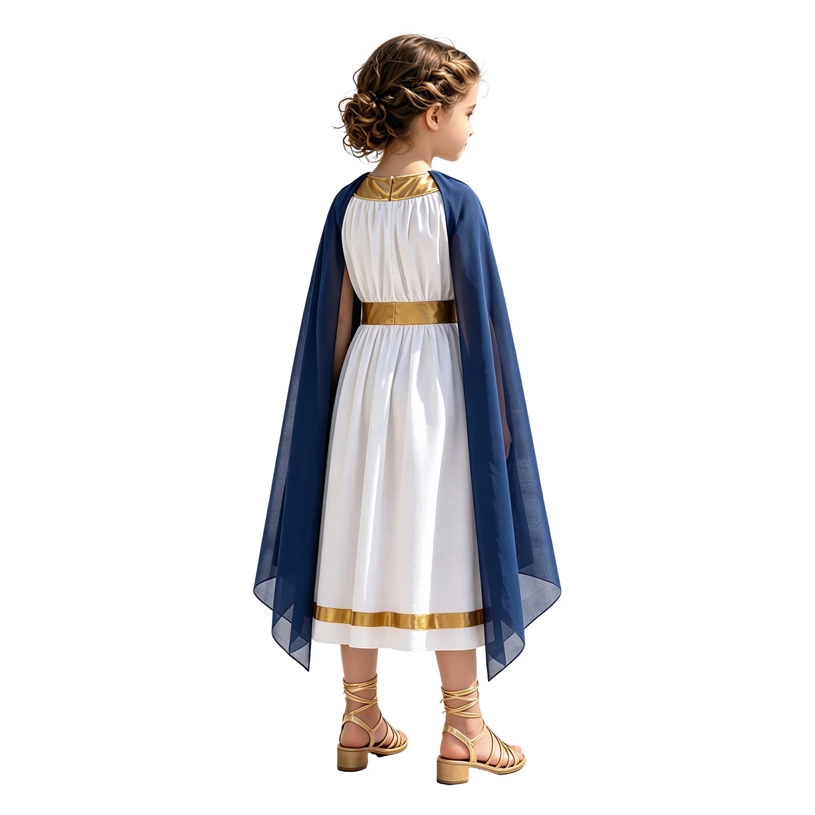 Kids Girls Ancient Greek Roman Athena Goddesses Costume Sleeveless Metallic Trim Shawl Toga Dress Halloween Party Cosplay Robe