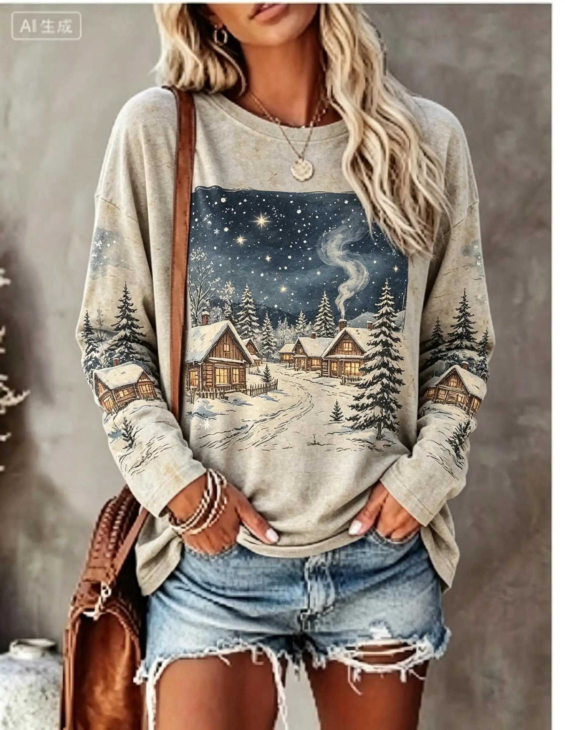 Women Christmas Long Sleeve T‑Shirt Snowman Puppy Tree Gift Snowflake Print Crew Neck Winter Tops