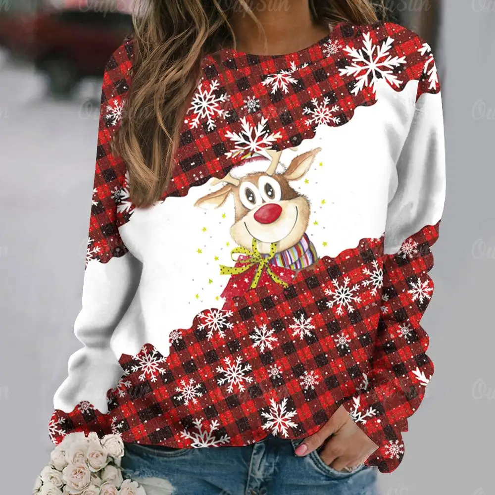 Christmas Women\'s Sweatshirt Designer Round Neck Long Sleeve Loose Casual Fall Red Plaid Fake Zipper Elk Fun Graphic Print Tops