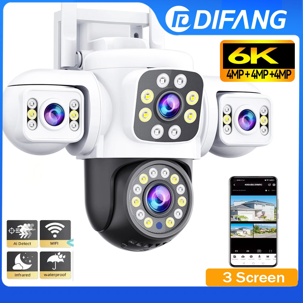 

6K 12MP WiFi Security Camera Outdoor Three Lens Three Screen PTZ Cam Ai Tracking Yoosee CCTV IP Surveillance Camera