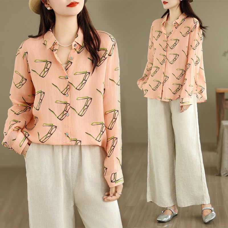 

Осенняя новинка: легкая свободная рубашка из чистого хлопка с длинным рукавом и принтом, в художественном стиле, повседневная, для работы, с квадратным воротником, открытый кардиган