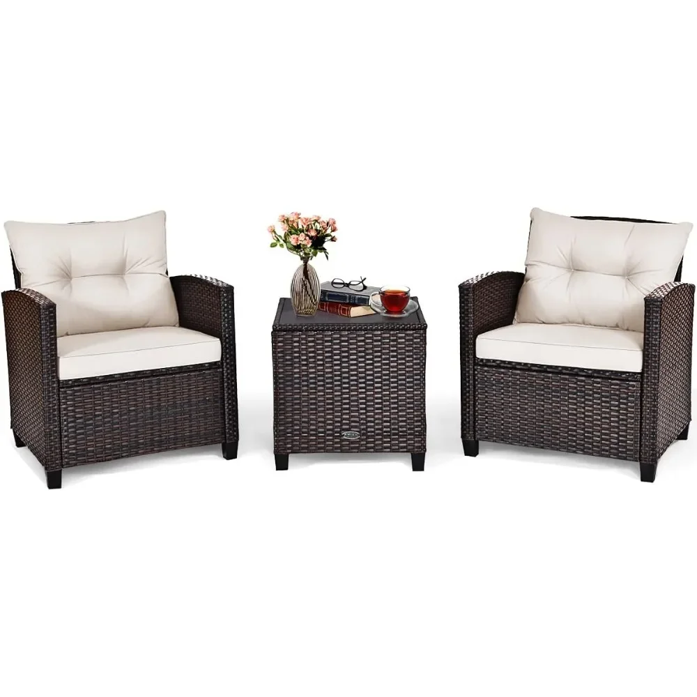 

3 Pieces Patio Furniture Set, PE Rattan Wicker 3 Pcs Outdoor Sofa Set w/Washable Cushion and Tempered Glass Tabletop,