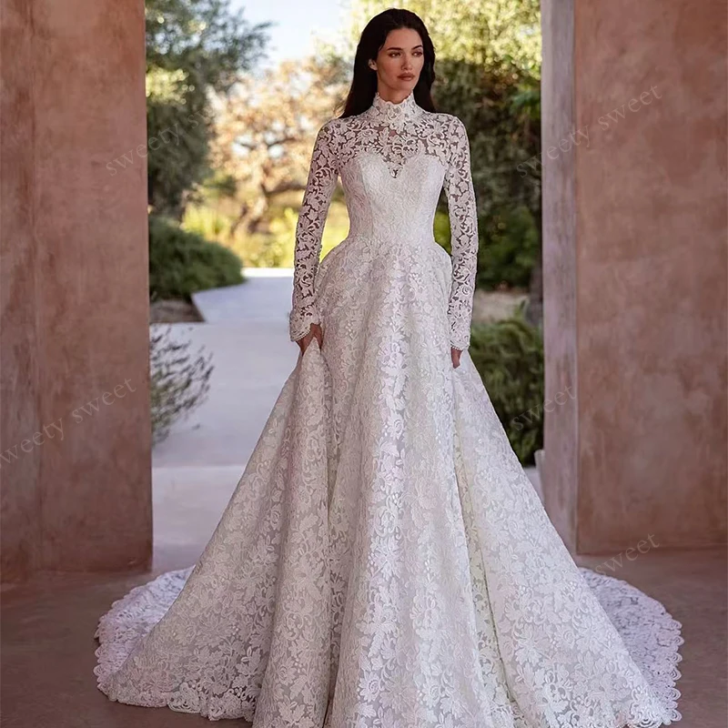 Vintage Wedding Dress Fully Embroidered Lace With A-Line Ballgown High-Neck Full Sleeve Customized Bride Button Vestido De Novia