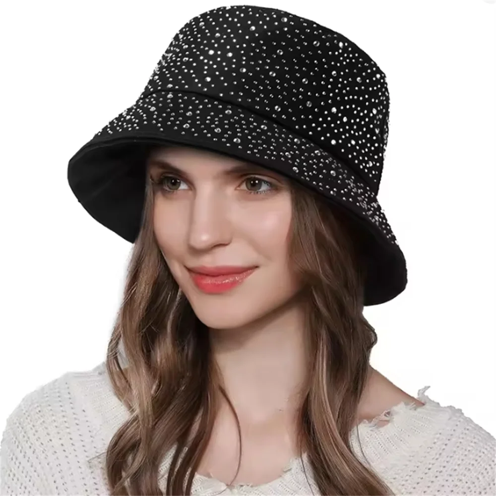 Shiny Full Body Diamond Bucket Hat Luxury Rhinestones Women's Fisherman Hats Foldable Summer Sunscreen Beach Basin Cap