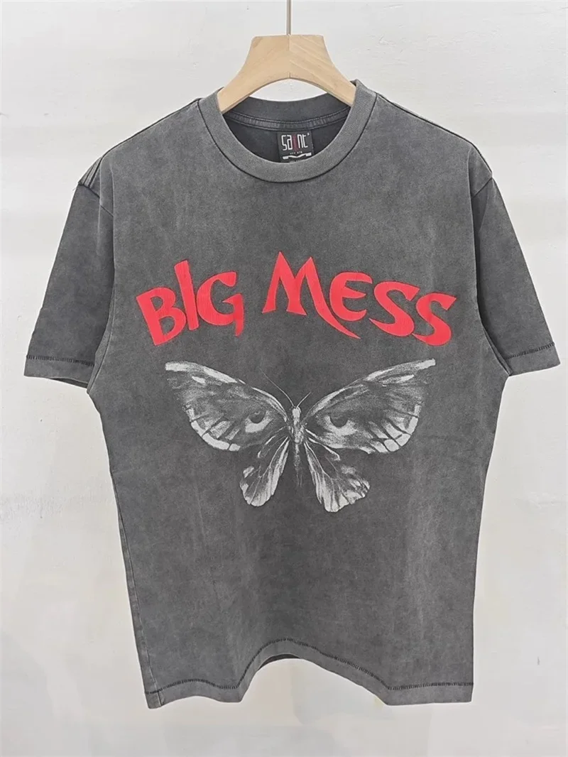 

BIG MESS Butterfly Ghost Face Print Saint Michael Black T Shirt Men Women 1:1 High Quality Washed T-shirt Top Tees