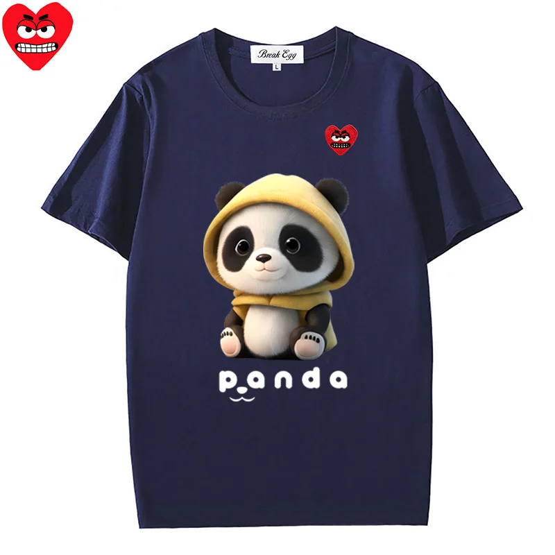 Panda with Hat  Printing Women Men T-shirt Cotton Cute Snag Heart Embroidery O-neck Short-sleeved Straight Summer T-shirt