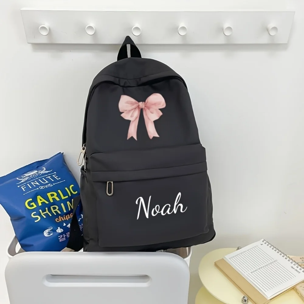 Custom Girls Kids Backpack Personalized Name Pink Bow Children School Bag with Front Zipper Pocket Adjustable Strap Custom Gift