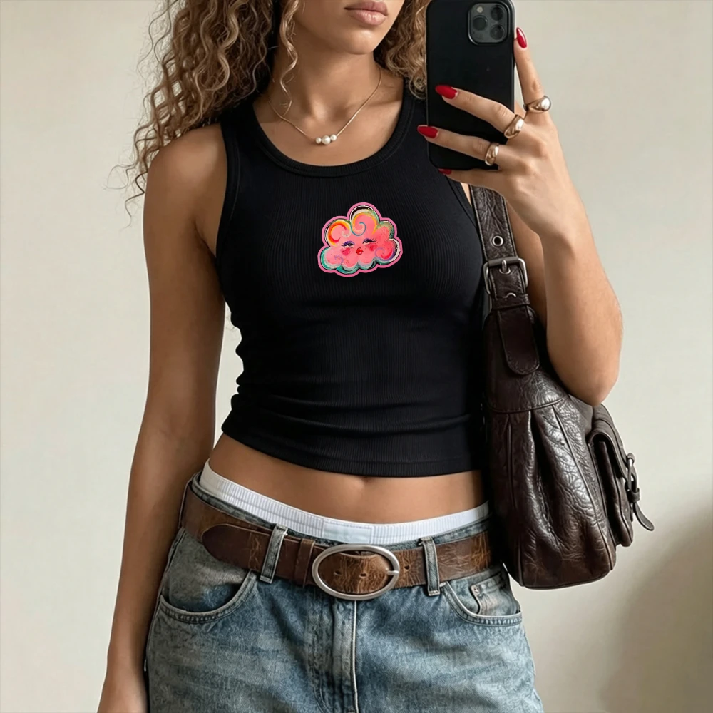 Women Y2K Cute Smiley Cloud Cartoon Print Camisole Ribbed Tank Top Slim Fit Crop Top Sleeveless Crew Neck Cropped Cami Vest Tees