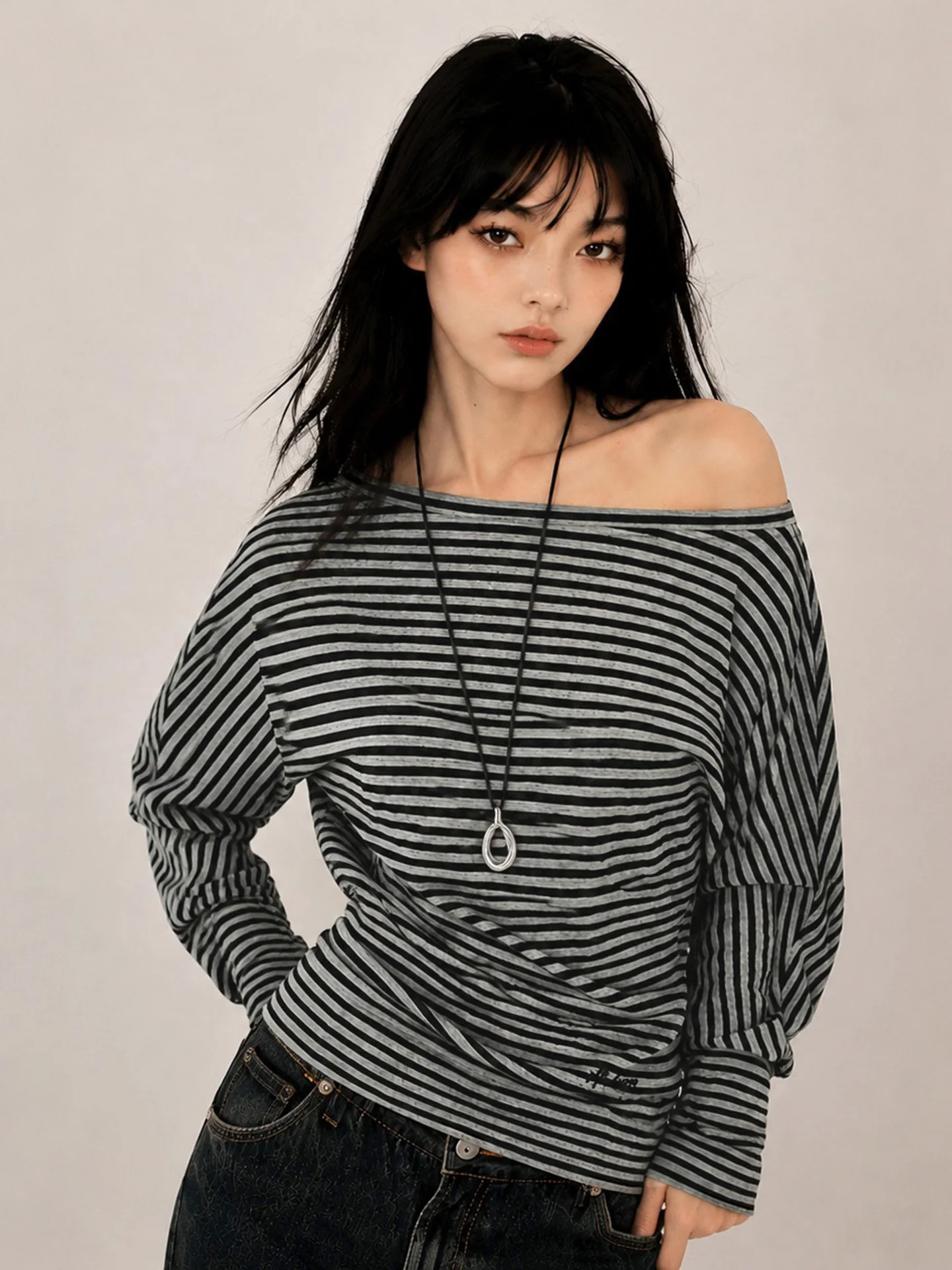 Funoff Vintage Striped One Shoulder Waist Cinched Long Sleeve T-Shirt Simple Slim Fit Shoulder Exposure Top for Women