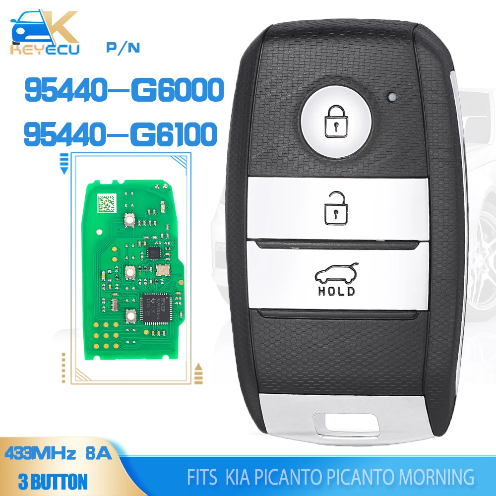 KEYECU P/N: 95440-G6000 95440-G6100 for KIA Picanto Picanto Morning 2017-2022 Fob Smart Remote Key 433MHz 8A Keyless Go 3 Button