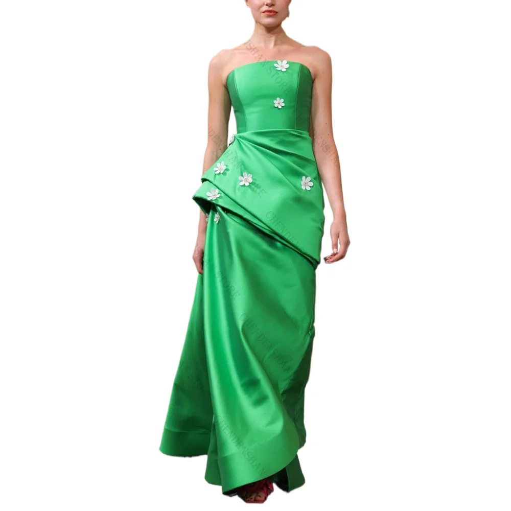 Green Strapless With Small White Flower Evening Dress Chic Prom Gown Robes De Soirée Customized Dresses