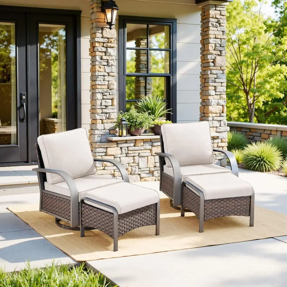 

All-Weather Wicker Swivel Rocker Chairs with Ottomans for Outdoor Patio Seating