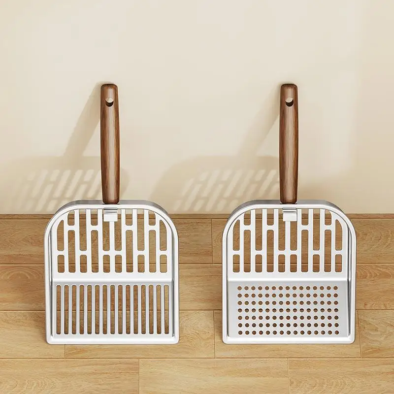 NEW* Stainless Steel Cat Litter Scoop Long Wooden Handle Pet Waste Shovel Cleaning Tool Long Handled Hollow Shovel Cats Supplies