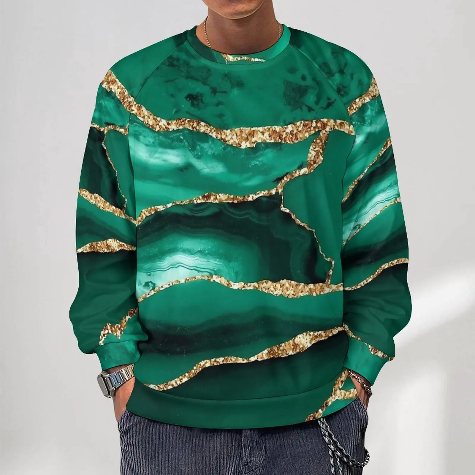 Green Marble With Gold Glitter Print Loose Sweatshirts Men  Casual Hoodies Spring Harajuku Design Hoodie Big Size