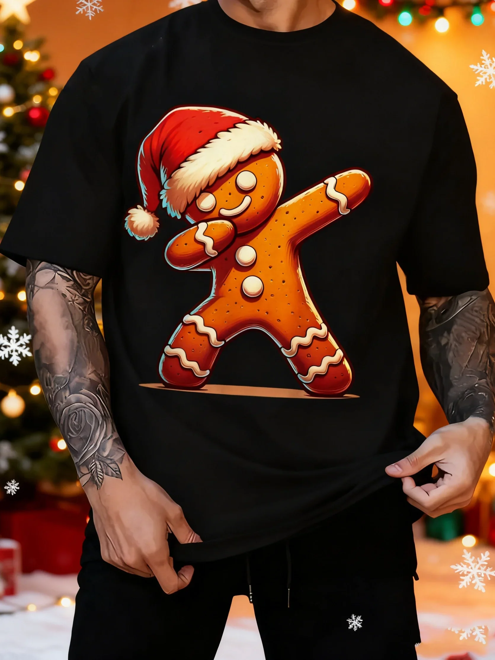 New A Men's Christmas Gingerbread for Man T-shirt, Casual Round-neck Short-sleeve Tee, Summer Holiday Printed Top, Festive Gift