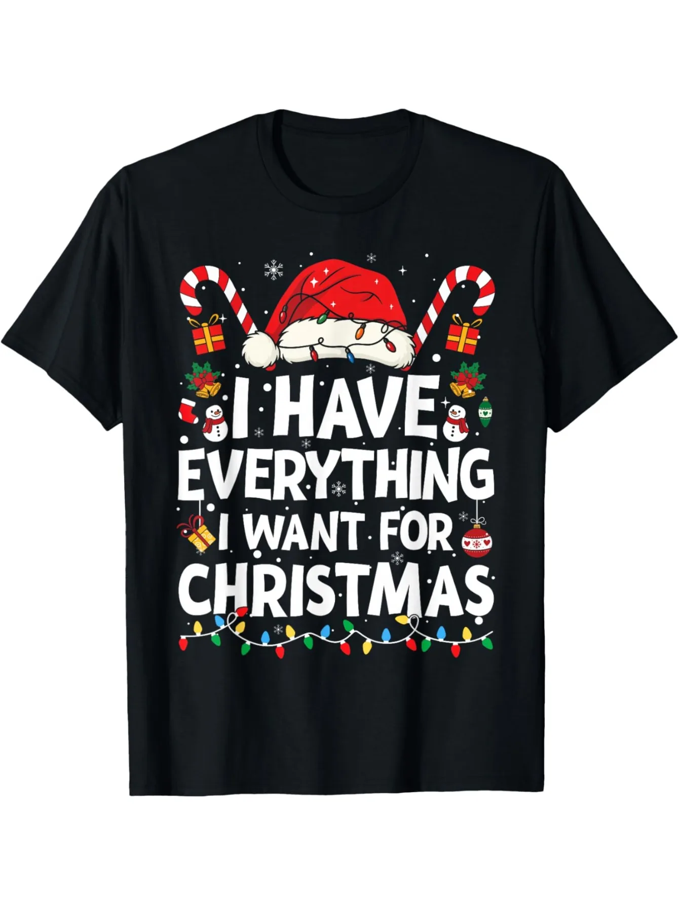 Funny Men's Black Graphic T-Shirt Santa Hat Candy Cane Snowman Gift Box Holiday Lights Slogan Print 100% Cotton Heavyweight Short Sleeve Casual Streetwear Tee