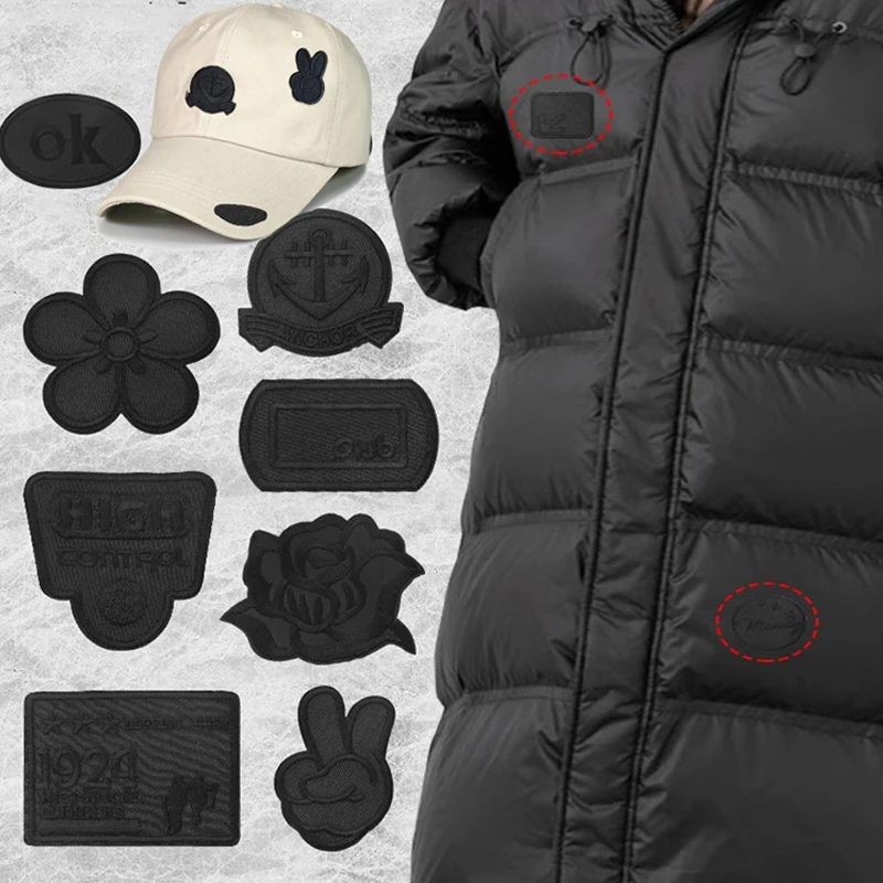 5 sztuk samoprzylepne czarne naszywki kurtki puchowe Patche naszywka z haftem ubrania dziecięce odznaka akcesoria DIY szycia naklejki z logo