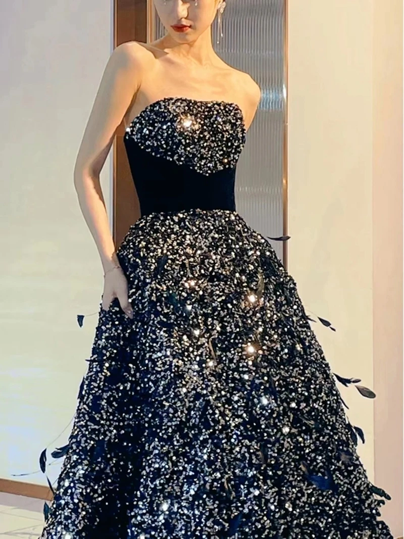 Black Shinny Luxury Celebrity Dress Strapless Sleeveless Ball Gowns Sequin Floor Length Slim Waist Evening Party Prom Gowns