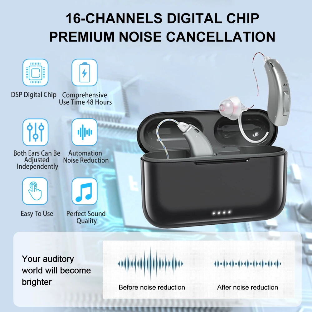 16 Channel Hearing Aids Rechargeable Bluetooth Hearing Aid for Seniors Adults Digital BTE Hearing Assist with Noise Cancelling